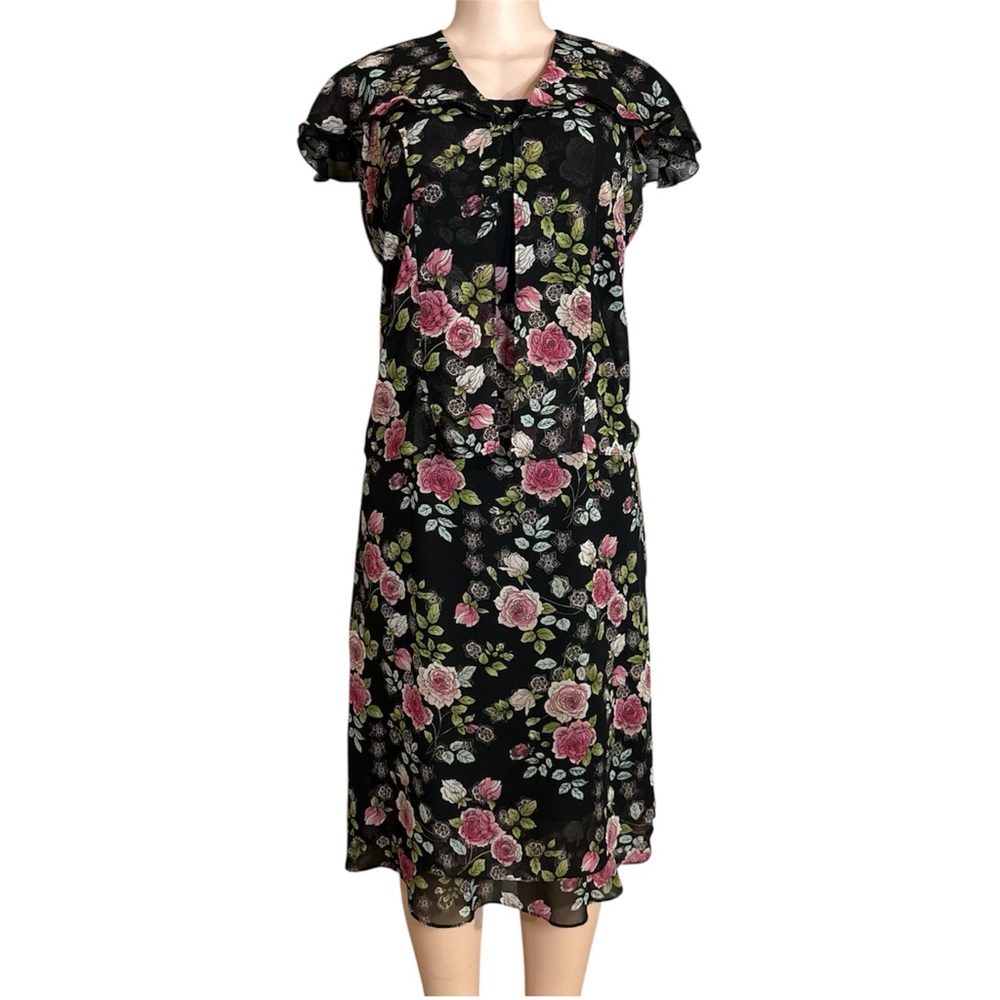 Mary McFadden Vintage 90s Rose Floral Midi Dress Sheer Top Set Women 10
